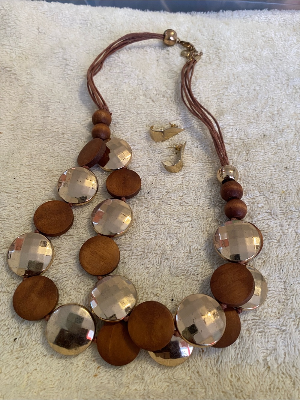 Brown and Gold Wooden Disc Necklace with Matching Earrings